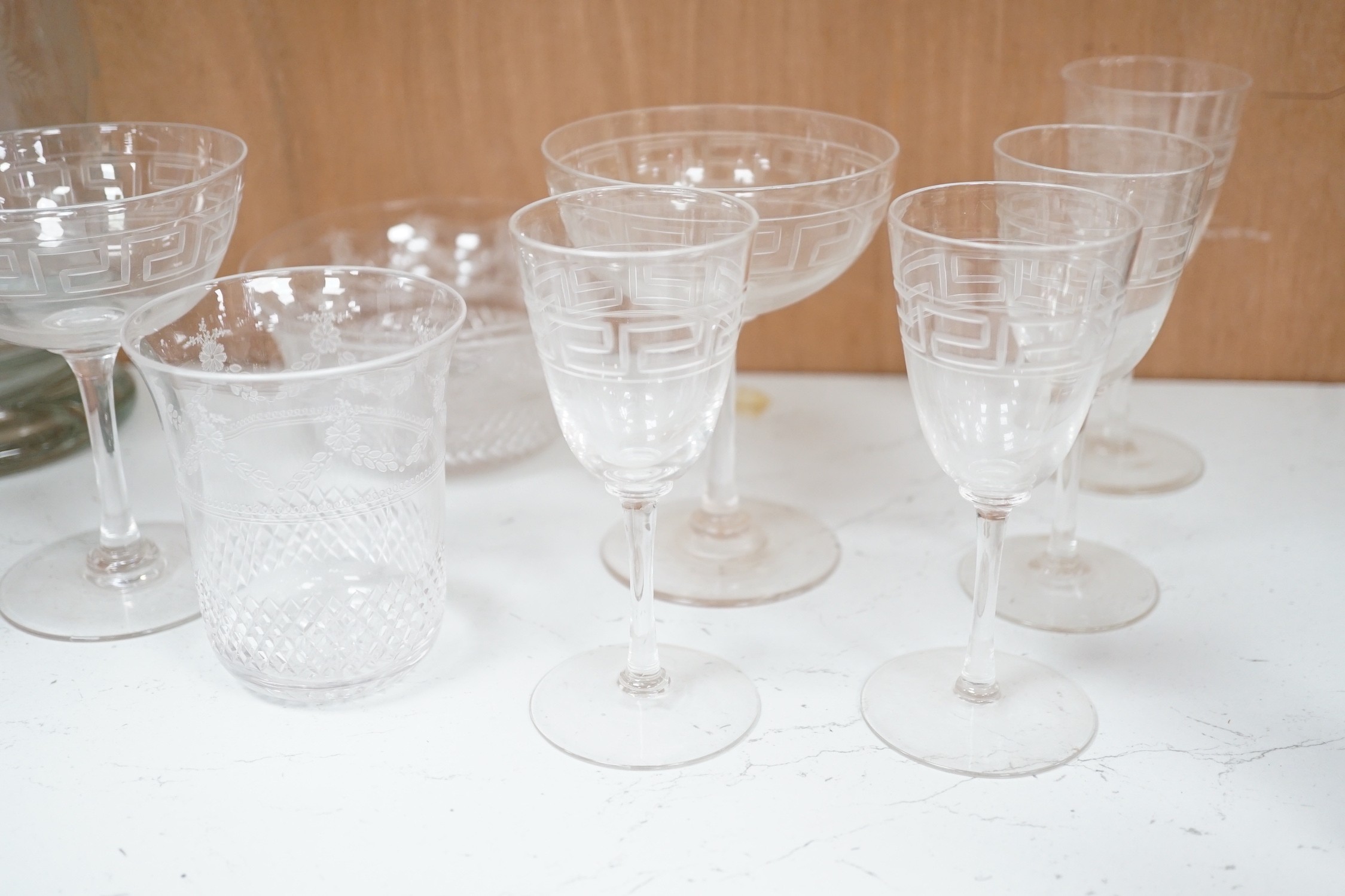 A selection of various engraved glassware, together with a cut glass decanter and stylish jug. Tallest 25cm